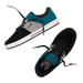Two low-top sneakers shown on a plain white background, one from a side angle and one from a top angle. The shoes are black with teal panels, a light gray side stripe, white midsoles, and black laces.