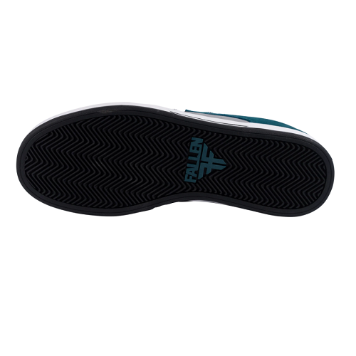 Top-down view of a shoe sole showing a black textured tread pattern with a teal and white Fallen logo printed on the center.