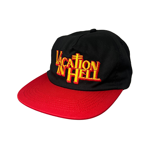 A black Deathwish hat with red bill and the text Vacation in Hell on a white background. 