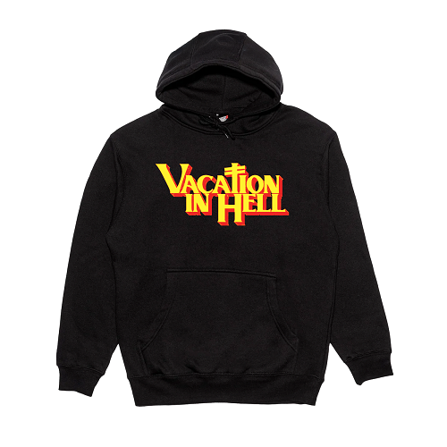A black deathwish hoodie with the text Vacation in Hell in yellow and red font.