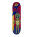 A skateboard deck featuring a graphic design with a green wireframe alien holding a skull, set against a background of deep red, navy blue, and gold with a yellow radioactive symbol near the nose.