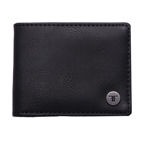 A black textured leather bifold wallet with a small silver circular metal Fallen logo button on the bottom right corner, shown against a plain white background.