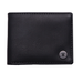 A black textured leather bifold wallet with a small silver circular metal Fallen logo button on the bottom right corner, shown against a plain white background.