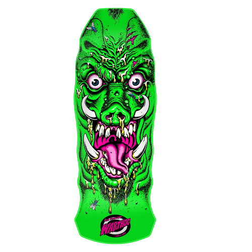 A bright green Santa Cruz Roksopp skateboard deck featuring a highly detailed, stylized green warthog face graphic with pink, white, and yellow accents, and a visible Santa Cruz logo at the bottom.
