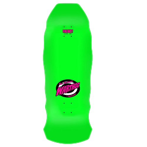 Top of a neon green Santa Cruz skateboard with a Rob Roskopp Warthog logo in neon pink on white background. 