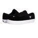 A pair of black low-top sneakers with white rubber soles, featuring a white stylized logo on the side and tongue, set against a plain white background.