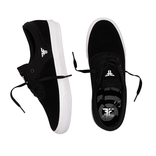 A pair of black low-top skate shoes with white soles, shown from the side and top views on a plain white background. The shoes feature a white stylized logo on the side and tongue, and a larger black-and-white logo on the insole.