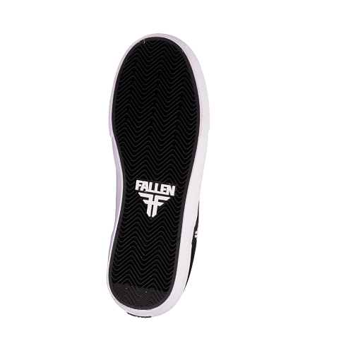 The black and white outsole of a Fallen brand sneaker, showing the textured tread pattern and the white Fallen logo in the center, isolated on a white background.