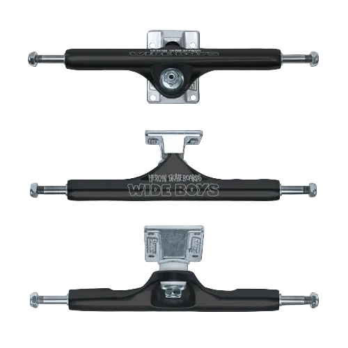 Black and raw skateboard slappy trucks with Heroin skateboards wide boys graphic. Truck shown from top view, side view and front view. Flat black truck with raw baseplate and test printed on hanger "heroin skateboards wide boys"