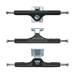 Black and raw skateboard slappy trucks with Heroin skateboards wide boys graphic. Truck shown from top view, side view and front view. Flat black truck with raw baseplate and test printed on hanger "heroin skateboards wide boys"