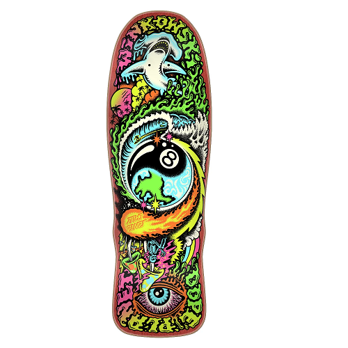 A Winkowski Santa Cruz skateboard deck featuring a highly detailed, colorful psychedelic graphic design with a yin-yang symbol, a 8-ball, a blue shark, and a green eye, shown against a plain white background.