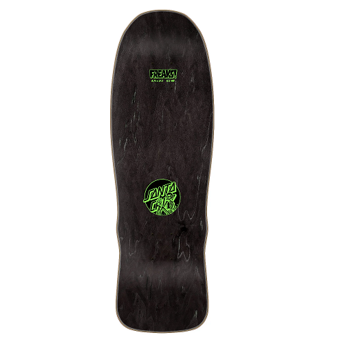 Top of a Santa Cruz skateboard black stain with a green and black santa cruz logo featuring a skeleton on a white backgound.