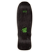 Top of a Santa Cruz skateboard black stain with a green and black santa cruz logo featuring a skeleton on a white backgound.