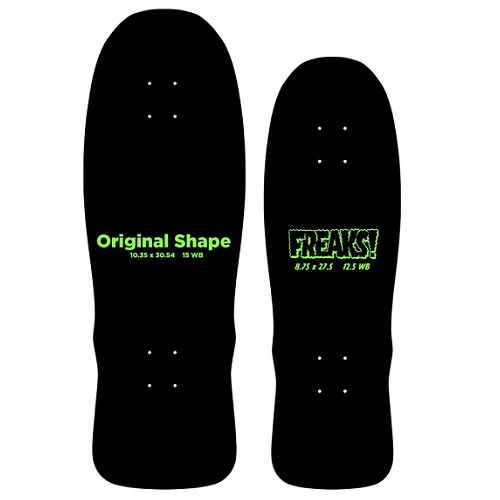 2 skateboard decks top view showing the size difference of the original shape and the new shape on a white background. 