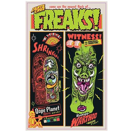 Information about the Freaks series of skateboards by Santa Cruz. Features Winkowski's original skateboard and the new Freak size. Also features Rokopp's new Warthog massive skateboard on a white background.