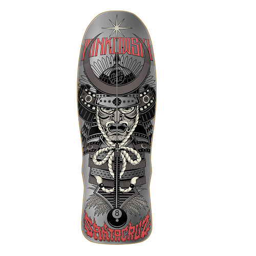 Silver Santa Cruz skateboard featuring Winkowski's samauri graphic on a white background. 