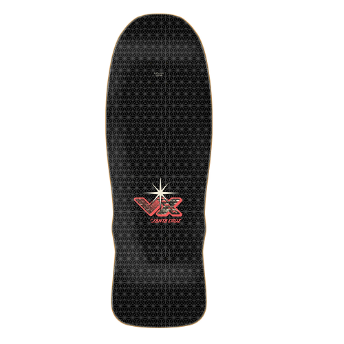 Top view of a black santa cruz VX skateboard featuring the VX logo on a white background. 