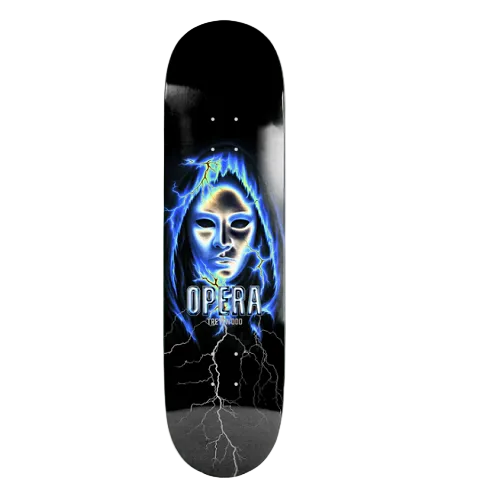 Skateboard deck with a face design and 'Opera' branding on a white background