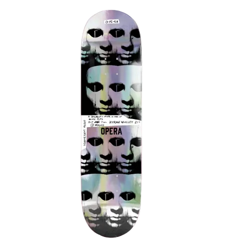 Skateboard deck with colorful skull design and 'Opera' branding on a white background