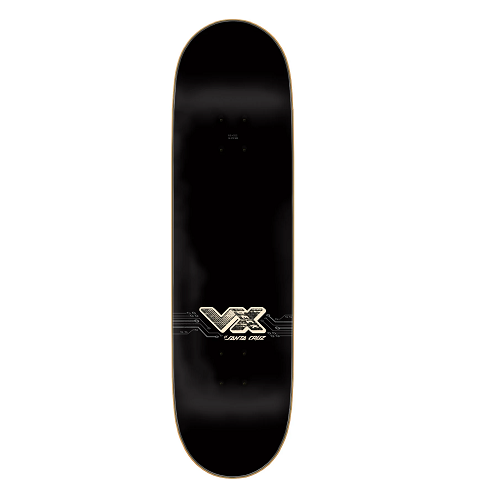 Top view of a black Santa Cruz VX skateboard on a white background. 