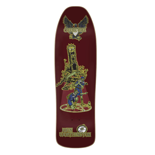 A maroon shaped Creature skateboard featuring a zombie scene of a castle in the background and 2 zombie scouts in a pentagram holding compasses with the words John Worthington Creature.