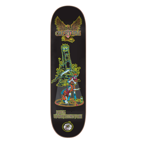 A black Creature skateboard featuring a zombie scene of a castle in the background and 2 zombie scouts in a pentagram holding compasses with the words John Worthington Creature.