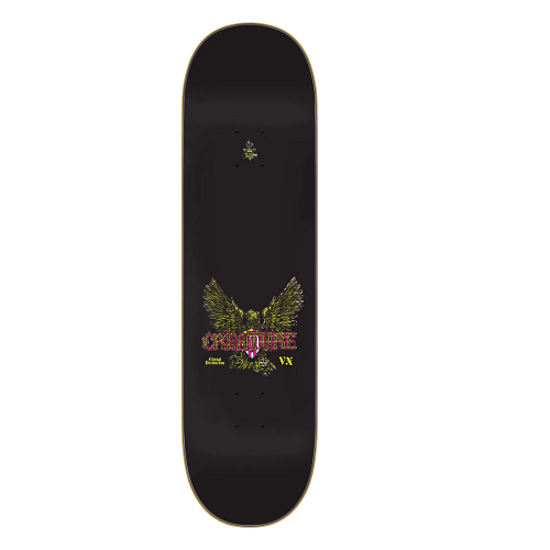 Top of a black skateboard with an eagle and the words Creature VX.
