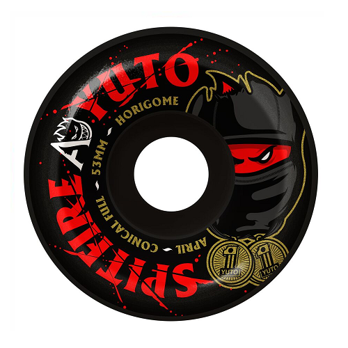 A single Yuto skateboard wheel shown from a top-down view on a plain white background. The wheel is black with bold red and gold graphics, including the text 'SPITTER', 'APIL', 'HORIGOME', '55MM', and 'YUTO'.