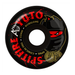 A single Yuto skateboard wheel shown from a top-down view on a plain white background. The wheel is black with bold red and gold graphics, including the text 'SPITTER', 'APIL', 'HORIGOME', '55MM', and 'YUTO'.