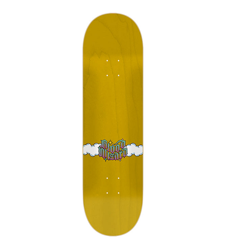 A skateboard deck with a glossy mustard yellow finish, featuring a colorful 'Blood Moon' graphic with white clouds in the center, shown against a plain white background.