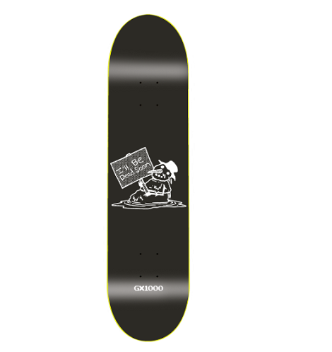 A black skateboard deck with a white graphic of a character holding a sign that reads 'I'm on the market' and the model name 'GX1000' printed near the bottom, shown against a plain white background.