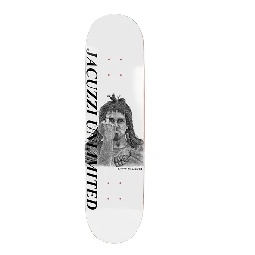 A white skateboard deck with a black graphic of a Louie Barletta and the text 'JACUZZI UNLIMITED' vertically against a white background.