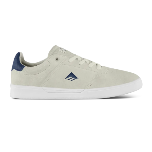 A light gray suede skate shoe with a navy blue heel tab, navy blue logo on the side, and a white rubber sole, shown from a side profile view on a white background.