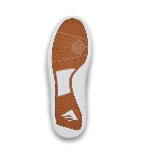 Top-down view of a shoe sole showing a textured brown rubber outsole with a white midsole and heel counter, on a white background.