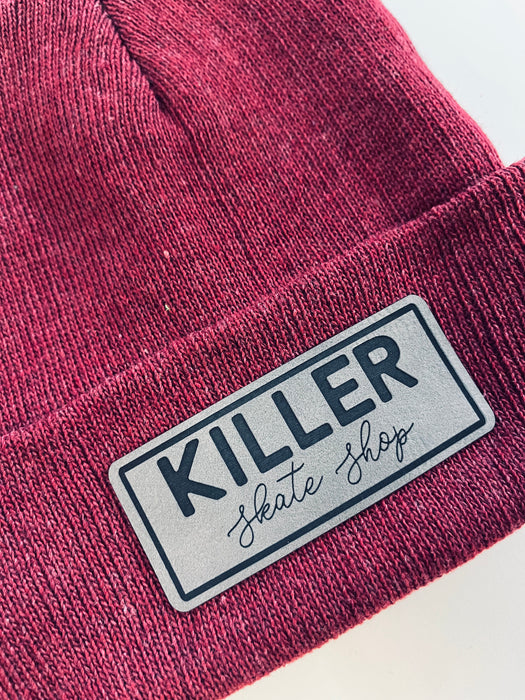 Killer Beanie Sock Hat Leather Patch